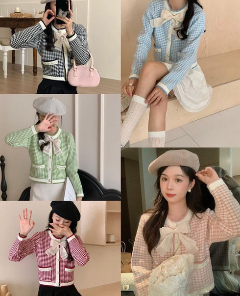 Winter Warm Checker Cardigan With Bow